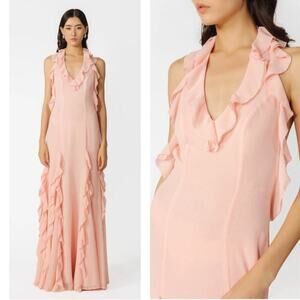 SAU LEE Fiona Ruffle Halter Neck Baby Pink Maxi Dress Size 0